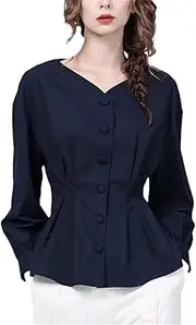 [Generic] Vintage Women Long Sleeve V-Neck Shirt Slimming Cinched Spring Summer Female Button Down Tops