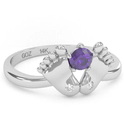 Baby Feet Amethyst Diamond Ring In 14k Solid Gold