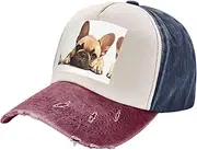 [YANYU] Animal Dog French Bulldog Print Fashion Washed Distressed Baseball Cap Vintage Adjustable Hat with Classic Brim
