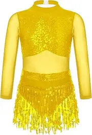 [Jhaoyu] Girls Sequin Tassel Latin Dance Dress Long Sleeve Leotards Dress Ballroom Salsa Rumba Tango Performance Costume