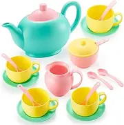JOYIN 18PCS Pretend Play Tea Party Set for Little Girl, Play Food Toy Accessories, BPA Free, Phthalates Free, Plastic Tea Set, Mini Kitchen for Kids, Toddler Boys Girls Ages 3,4,5,6 Years Old Gifts