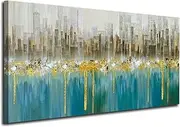 [Ardemy] Teal Abstract Cityscape Canvas Wall Art Modern Skyline Gold Textured Painting, Grey Buildings Large Size 40"x20" Picture Turquoise Artwork Framed for Living Room Bedroom Home Office Wall Decor
