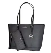 MICHAEL KORS JET SET TRAVEL LARGE SHOULDER TOTE BAG + WALLET SET BLACK/SILVER