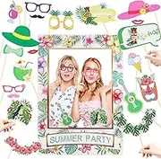 PHOGARY Luau Photo Booth Props Hawaiian Party Decorations, 20PCS Tropical Party Photo Booth Props Kit with 1PCS Summer Beach Photo Frame Photo Props for Hawaiian Luau Summer Beach Party Supplies
