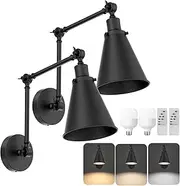 Aoceley 2-Pack Battery Operated Swing Arm Led Wall Sconces with Remote & 5500mAh Rechargeale Light Bulbs, 3-Color Dimmable Indoor Non-Hardwired Metal Wall Light for Bedroom Living Room Kitchen(Black)