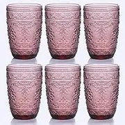 abrwyy 6Pcs 14OZ Drinking Glasses, Purple Drinking Glasses, Colored Glassware Drinking, Highball Beverage Glasses Cup, Vintage Glassware Set for Water, Juice, Cocktail, Coffee