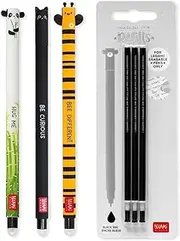 LEGAMI - Set of 3 Erasable Gel Pens + 3 Black Refills, with Thermosensitive Erase Ink, Range of ink colours & barrel designs, 0.7mm Tip, Panda, Cat, & Bee Design
