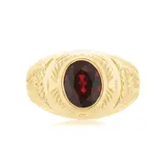 9ct Yellow Gold Oval Cut Garnet Bezel Engraved Mens Ring