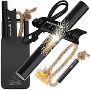 RKR OUTDOOR Ferro Rod Flint Fire Starter Kit + Tinder Wick Bellow with Sliding Box - 4" Length 1/2” Thick Ferro Rod with Multi-Tool Striker and Paracord Lanyard + Hemp Wick with Bellow + Sliding Box