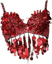 [ａ aternee] Sequin Crop Top Luxury Costume Tank Top for Stage Festival Show Party Nightclub, Red, 38 Yards