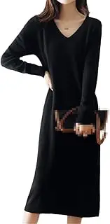 [Zozogag] Autumn Winter 100% Wool Sweater Long Pullover Knit Straight Dress Women V-Neck Loose Warm Casual Dress