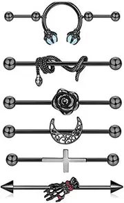 [Niaspi] 6Pcs Black Industrial Barbell Earrings 14G Stainless Steel Industrial Helix Cartilage Earrings 38mm Industrial Bar Moon Flower Cross Hand Snake Double Piercings Industrial Piercing Jewelry,