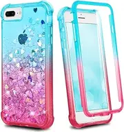 Ruky for iPhone 6 Plus 6s Plus 7 Plus 8 Plus Case, Glitter Clear Women Full Body Rugged Liquid Cover with Built-in Screen Protector, Teal Pink