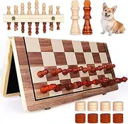 Magnetic 2 in 1 Chess and Checkers Set-15 Foldable Wooden Chess Board for Trave Game-Portable Travel Chess Set Magnetic for Adults, Kids, and Smart Fun Anywhere!