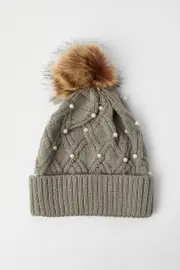Grey Faux Fur Pom Pom Beanie - Size ONE, Women's Hats