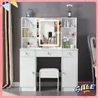 White Modern Dressing Table Makeup Large LED Mirror 5 Drawers Vanity Stool