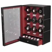 JQueen Leather Automatic 9+6 Watch Winder Display Box Mabuchi Motors, Black/Red