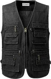 [KTWOLEN] Men's Denim Vest Casual Biker Vest Multi Pockets Denim Jackets Motorcycle Vest Outdoor Denim Vest Leisure Sleeveless Denim Jacket, black, Large