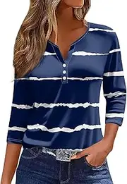 [Valtorixia] 3/4 Length Sleeve Women Henley V Neck Tops Casual Length Button Down Shirt Floral Print Blouses Plus Size Trendy Comfy Tees (color-b-10,Medium)