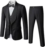 [Hihawk] Mens 3 Piece Floral Tuxedo, Jacquard Slim Suit Set, Paisley Blazer Vest and Pants with Bow Tie for Prom Wedding