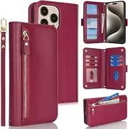 SunYoo for iPhone 15 Pro Max Case Leather Wallet with Card Holders Money Slots Wrist Strap for Women RFID Blocking Purse for iPhone 15ProMax Zipper Coin Pocket Cover Kickstand Folio Flip Case Red
