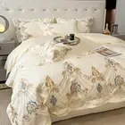 Bedding Set 4pcs Silk Cotton Embroidery Flower Duvet Cover Flat Sheet Pillowcase