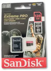 SD CARD Extreme PRO 128GB microSDXC 4K UHD+ adapter. 200MB/s Read 90 MB/s Write.