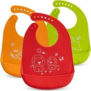 Baby Bibs – 3-Pack Silicone Weaning Bibs – Machine Washable Silicone Bibs for Babies – 7 Adjustable Sizes – Machine Washable – Cute Animal Design and Vibrating Colours – No-Mess Food Pouch