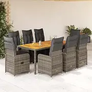 9 Piece Garden Bistro Set with Cushions Grey Poly Rattan Patio Bar Sets