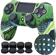 STUDDED Silikon Hülle Anti-Rutsch für PS4 controller x 1 (Tarnung grün) + FPS PRO thumb grips aufsätze x 8
