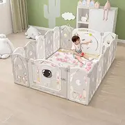 Advwin Foldable Baby Playpen, 16 Panels Kids Play Pen, Toddler Activity Centre with Suction Cup, Safety Play Yard for Indoor Outdoor, 140 x 178 x 60cm, Grey