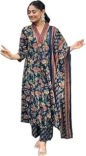 [SB Traders] Women's Straight Ethnic Embroidered Tunic Kurti and Palazzo Set with Dupatta, Blue-42, Small