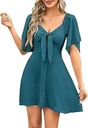 [Generic] Women's Elegant Bow Tie Mini Dress Summer Short Sleeve V Neck Dresses Beach Sundress with Flutter Sleeves