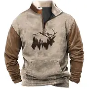 Men's Sweatshirt Quarter Zip Sweatshirt Brown Brown 2 Half Zip Color Block Reindeer Half Zip Print Sports Outdoor Daily Holiday Polyester Vintage Streetwear C