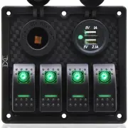 4 Gang Green LED Rocker Switch Panel with Dual USB & Power Socket 12V-24V for Ca