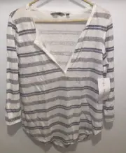 NEW ATHLETA WOMEN'S STRIPE WHITE BLUE 3/4 SLEEVE ZEPHYR LINEN TOP Sz M NWT