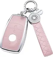 RUABIBAN for Mercedes Benz Key Fob Cover with Keychain, Pink Genuine Leather Crystal Key Case Protection Shell Compatible with Mercedes A C G E S Class Remote Start