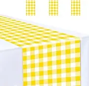 MUNILAIL 3 Pcs Yellow and White Checkered Table Runner 14 x 108 Plastic Gingham Table Runner for Birthday Wedding Baby Shower Party Disposable Table Runner