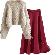[Generic] Spring And Winter Female Set Women's Loose Sweater High Waist Mid Length Half Skirt Two Piece Set