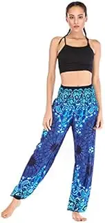 [Elonglin] Women's Harem Hippie Pants Baggy Boho Patterned High Waist Smocked Waist Thin with Pockets Lounge Trousers for Yoga Summer Beach