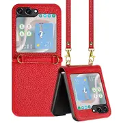 Galaxy Z Flip5 Case Litchi Grain PU Leather Folio Cover Magnetic Closure Flip Wallet Card Slots Stand Case With Hand Strap, Brown - Red