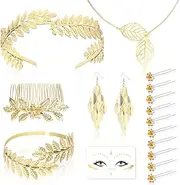 [hapurs] Greek Goddess Costume Accessories Set for Women, Greek Goddess Jewellery Laurel Wreath Headpiece Hair Clip Necklace Earrings Upper Arm Bracelets Face Tattoo Carnival Wedding Bridal Headpiece