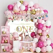 Baby Girl 1st Birthday Decorations , Baby First Birthday Supplies for Girl,Including Balloon Boxes, Pink Gold Balloons Garland Arch Kit，Party Backdrop, High Chair Banner, Crown, Photo Banner