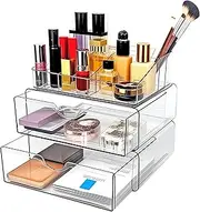 SYAMEET 3-Tier Clear Makeup Organiser Set with 2 Drawers and 1 Open Lipstick Holder, Stackable Design with Slide Rails and Non-Slip Silicone Pads, Ideal for Vanity, Bathroom, and Dresser Storage