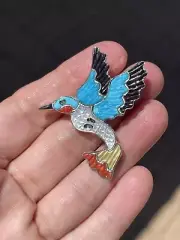 Sterling Silver Multi-Stone Inlay Hummingbird Pin Brooch, by Tamara Pinto, Zuni