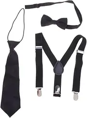 jojofuny Boys Boys and Girls Tie Suspenders Set 3 in 1 Black Solid Elastic Suspenders Necktie Boys and Girls Formal Outfit Accessory