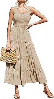 [Generic] Women's 2025 Casual Loose Plain Maxi Sundress Smocked Tank Dress Sleeveless Summer Beach Tiered Long Dresses
