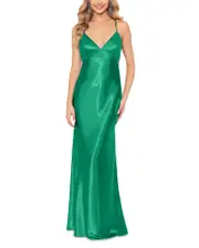 Aqua Satin Open Back Gown - Exclusive