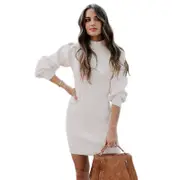 Nevenka Womens Turtleneck Long Sleeve Dress Knit Slim Pullover Dress-White