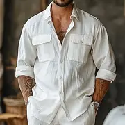 Men's Linen Shirt White Long Sleeve Fold-over Collar Summer Spring Fall Clothing Apparel Casual Shirt Button Down Shirt Plain Lapel Summer Casual Daily Cloth